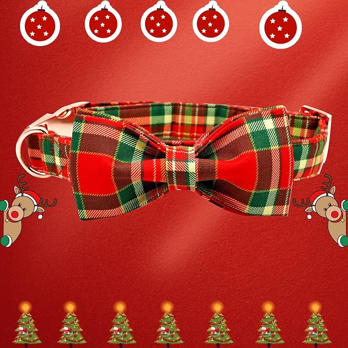 Dog Collar - Christmas Red Plaid Dog Collars Bowtie Gift Puppy Cute Soft Collar - Image 4