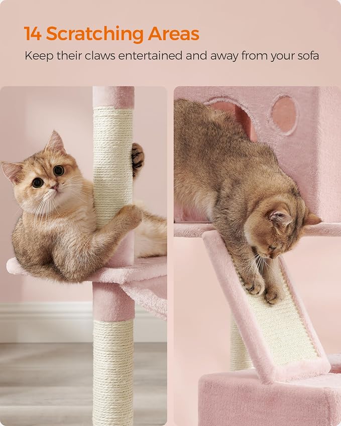 Feandrea Cat Tree, 81.1-Inch Large Cat Tower, 2 Perches, 2 Caves, Jelly Pink - Image 6