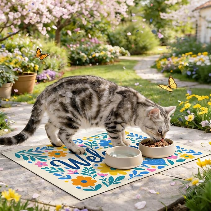 Spring Pet Feeding Mat 24" x 16" Colorful Welcome Floral Design Non Slip Dog - Image 8