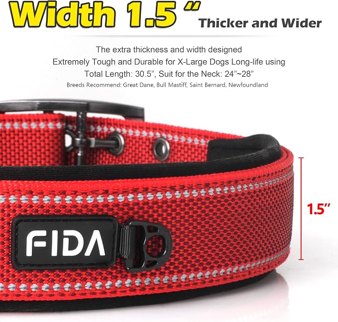 Fida Heavy Duty Dog Collar 1.5” Width, Ultra Soft Neoprene Padded, Adjustable - Image 2