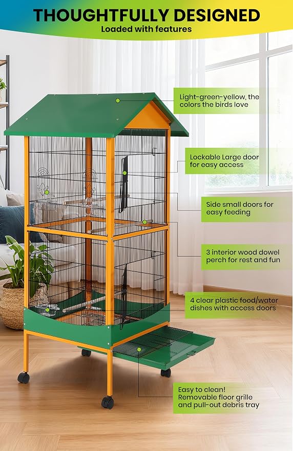 Garvee Bird Cage, w/Removeble Tray, Waterproof Roof, Lockable Caster, Indoor& - Image 4