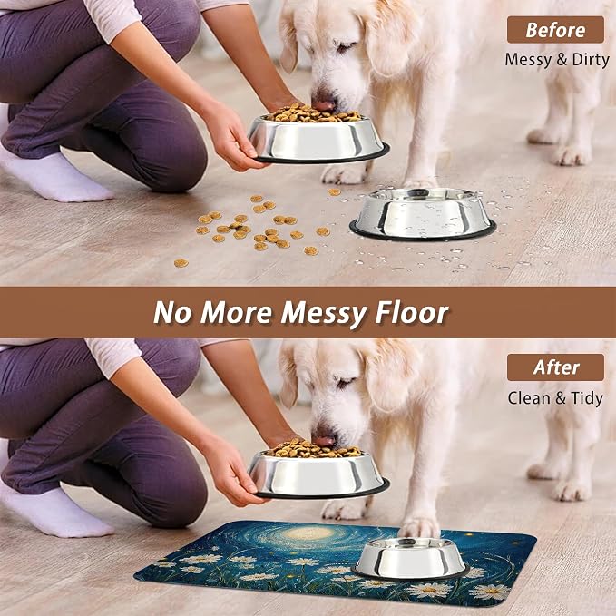 Starry Night Pet Feeding Mat, Moon Daisy Flower Absorbent Quick-Dry Cat Dog - Image 5