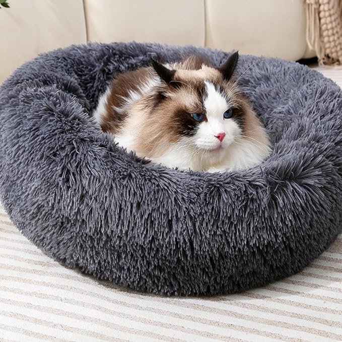 Calming Donut Cat Bed Dog Bed Round Plush Pet Cushion Fluffy Rabbit Cave Warm - Image 3