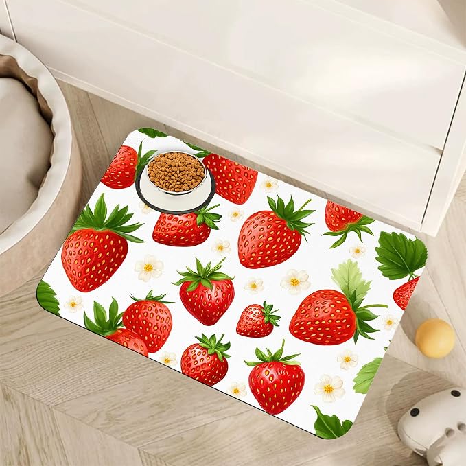 Cute Strawberry Flower Dog Cat Food Mat, Absorbent Pet Feeding Mat by Unknown