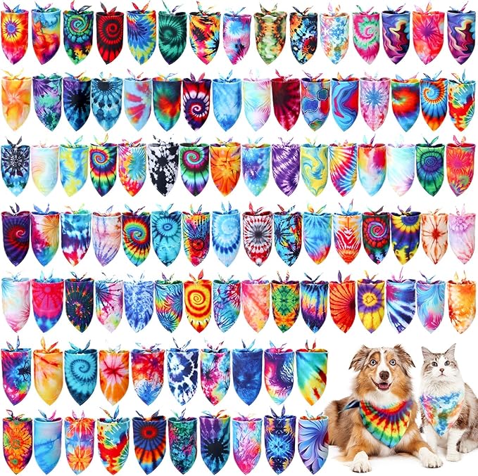 100 Pcs Tie Dye Dog Bandanas Bulk Pet Bibs Colorful Triangle Scarf Pet Bandanas by Huhumy