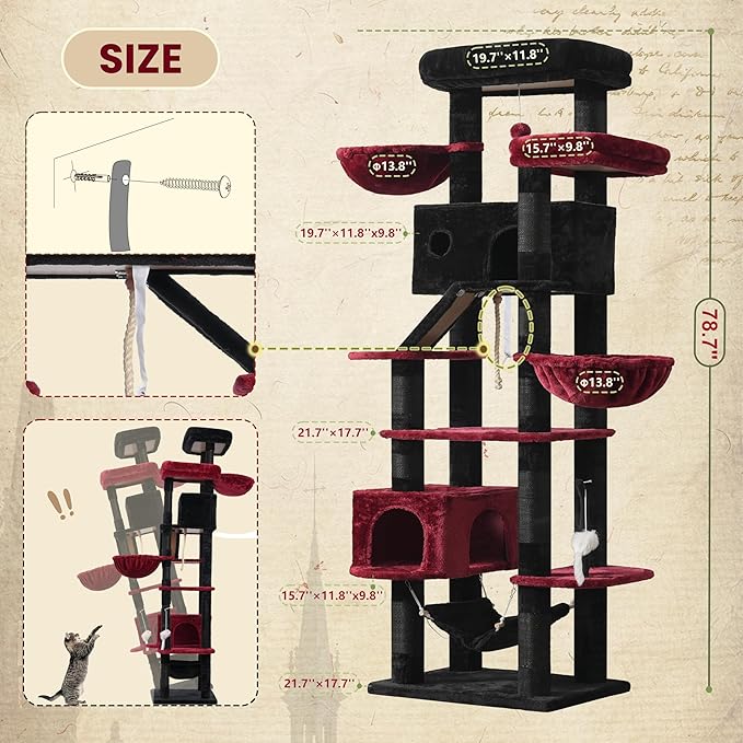Gothic Cat Tree for Large Cats, 78.7" Tall Cat Tower for Indoor Cats Multiple - Image 7
