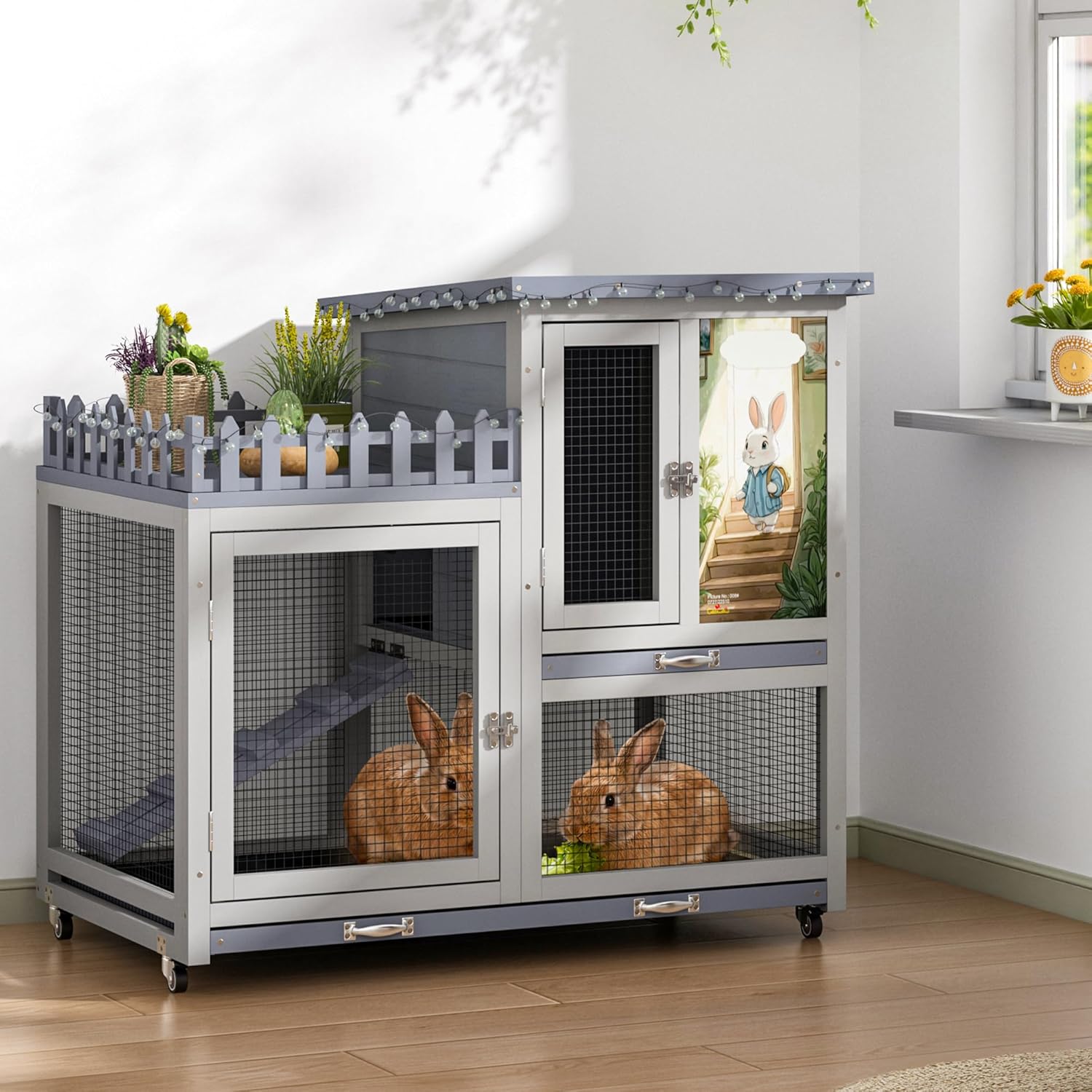 Wood Rabbit Hutch with Balcony and Pull-Out Tray - GlobalHabitat Supply