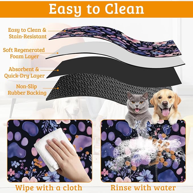 Paw Print Dog Food Mat, Watercolor Flower Absorbent Pet Feeding Mat - Image 5