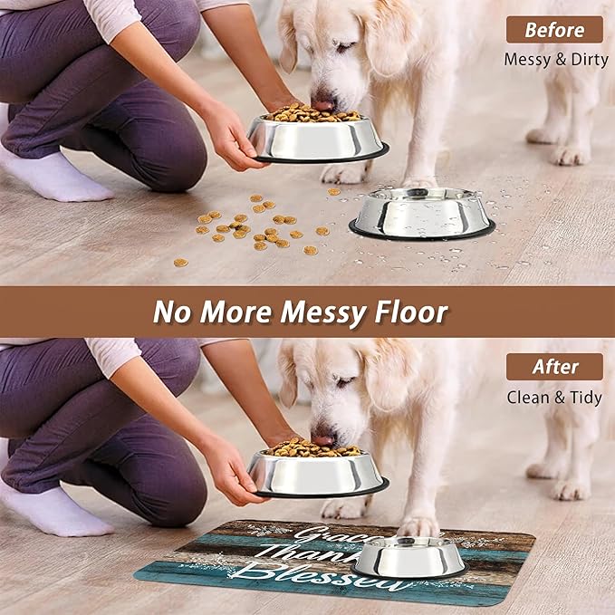 Thankful Grateful Blessed Dog Cat Food Mat, Vintage Wooden Absorbent Pet - Image 5
