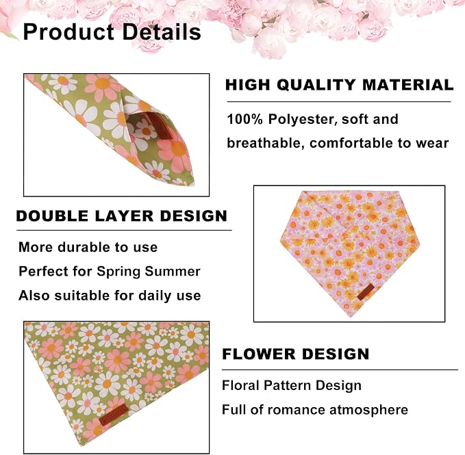 ADOGGYGO Floral Dog Bandanas 2 Pack, Daisy Flower Puppy Scarf, Premium Fabric - Image 5