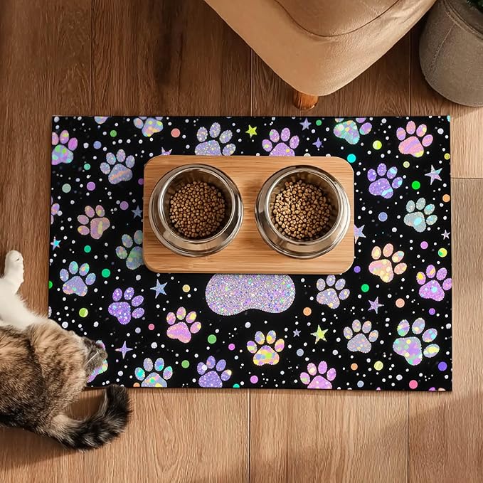 Pet Feedings Mats 20x12 inch Glitter Paw Print Pet Bowl Placemat Non Slip Mat - Image 5