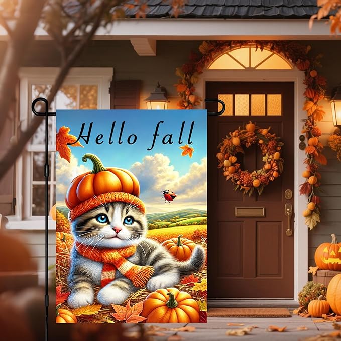 Hello Fall Garden Flag Cute Kitten Pumpkin Hat Scarf Flag 12x18 Inch Autumn Pet - Image 5