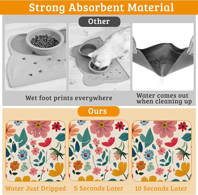 Colorful Flower Feeding Mat, Groovy Wildflowers Absorbent Quick-Dry Cat Dog - Image 3