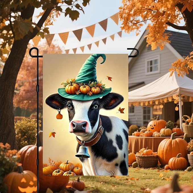 Happy Fall Garden Flag Halloween Flag Cute Cow Calf 12x18 Inch Witch Hat - Image 6