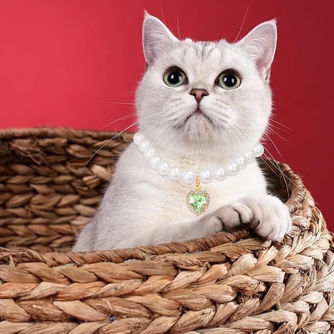 2pcs Cat Pearl Collar with Heart Pendant, Cute Pearl Pet Necklace in Small - Image 7