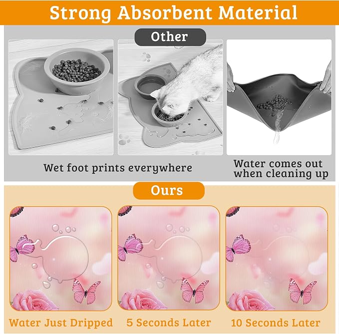 Rose Pink Dog Cat Food Mat, Butterfly Absorbent Waterproof Placemat - Image 3