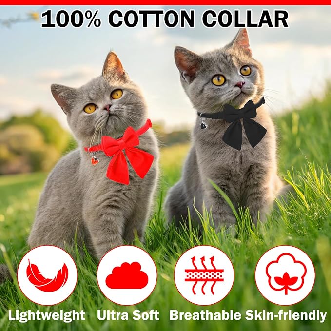 Cat Collar Breakaway with Bells, Soft Pure Cotton Bowtie Collar - Image 3