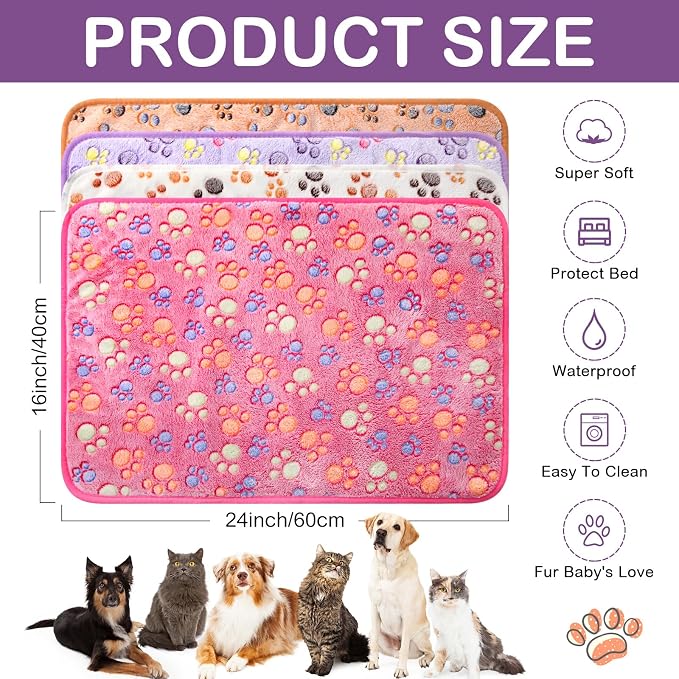 Panelee 4 Pcs Waterproof Dog Blankets Washable Puppy Paw Print Fleece Blanket - Image 2