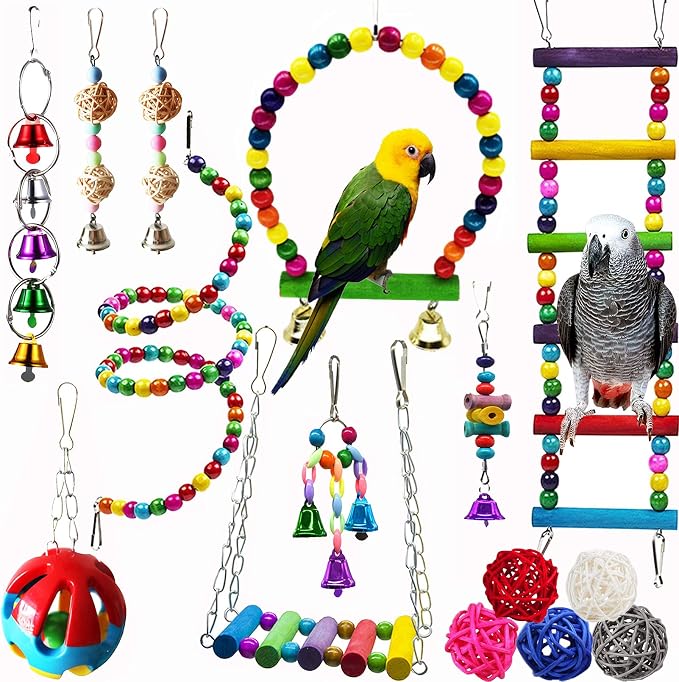 Hamiledyi Bird Parrot Swing Chewing Toy Set 15PCS Wooden Hanging Bell by Hamiledyi