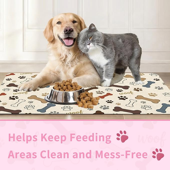 Dog Feeding Mat 20 x 12 Inch, Neutral Paw Bone Woof Dog Placemat Absorbent - Image 6