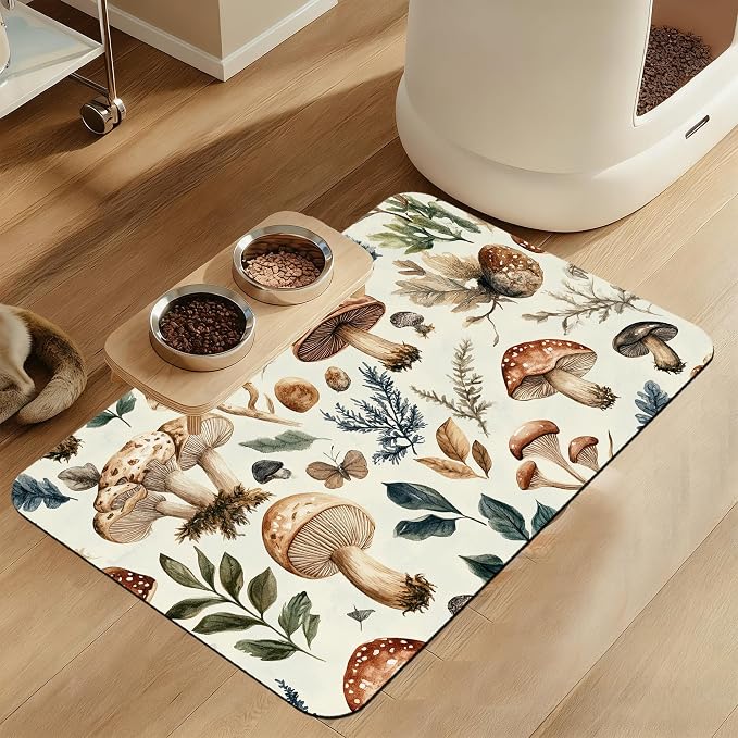 Vintage Mushroom Floral Dog Cat Food Mat–Christmas Stocking Absorbent by LUTASER