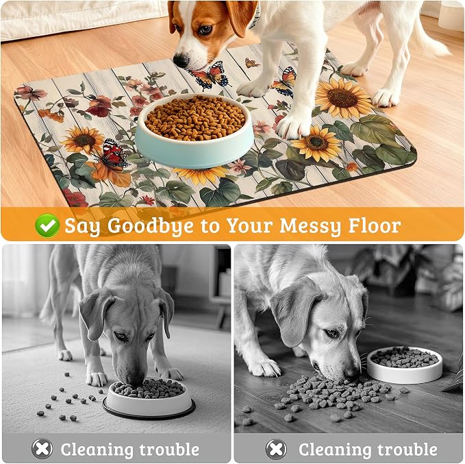 Pet Feeding Mat, Vintage Flower Absorbent Dog Cat Food Mat Rustic Wooden Dog Mat - Image 4