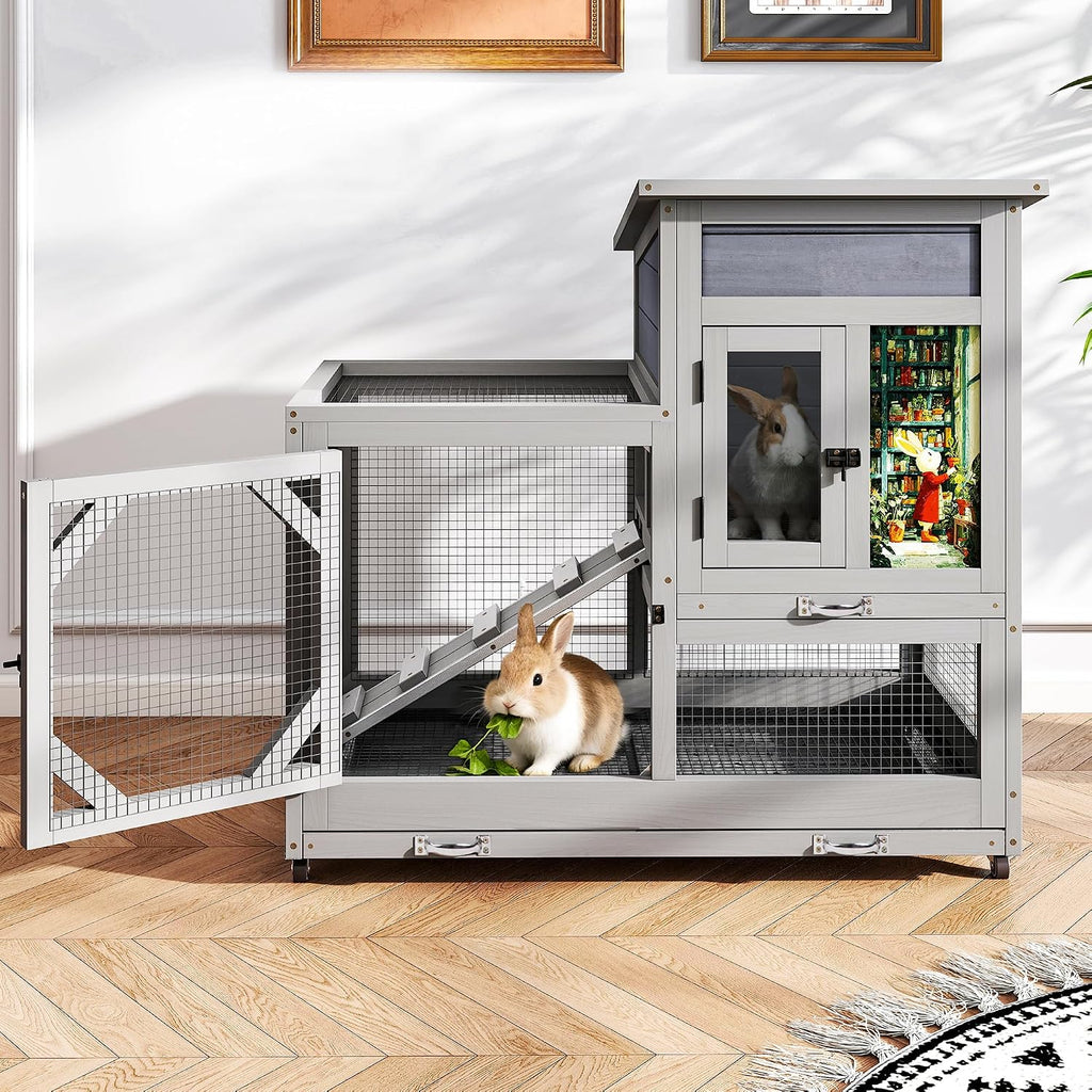 COZIWOW Rabbit Hutch with 2 Wire Floors, Gray - GlobalHabitat Supply