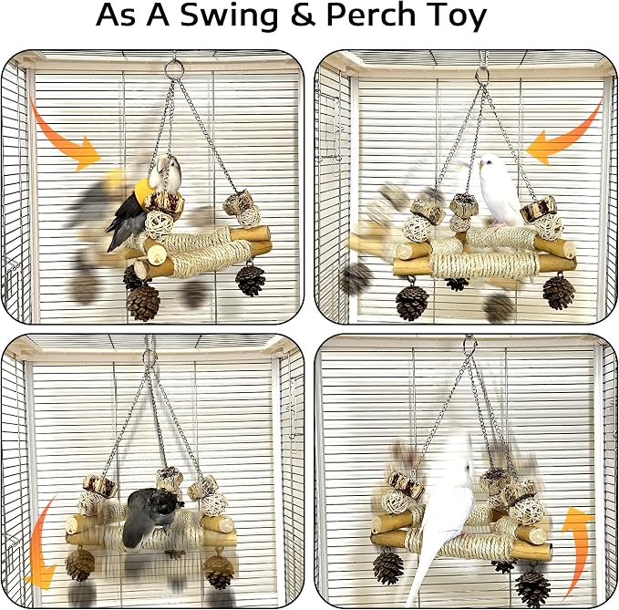Bird Swing for Cage with Chew Toys, 3 Sisal-Wrapped Parrot Perches & Stable - Image 2