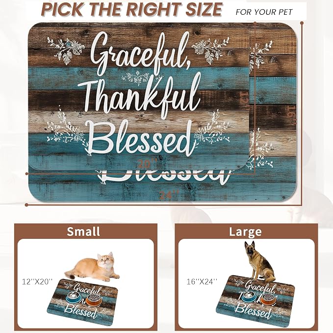 Thankful Grateful Blessed Dog Cat Food Mat, Vintage Wooden Absorbent Pet - Image 2