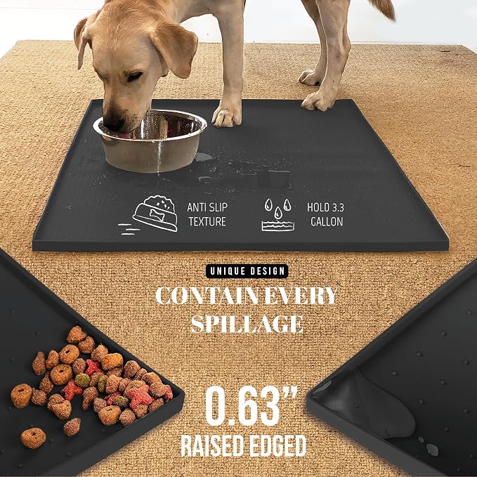 AVERYDAY 100% Waterproof Thicker Silicone Dog Food Mat, 0.63'' Raised Edge Bowl - Image 3