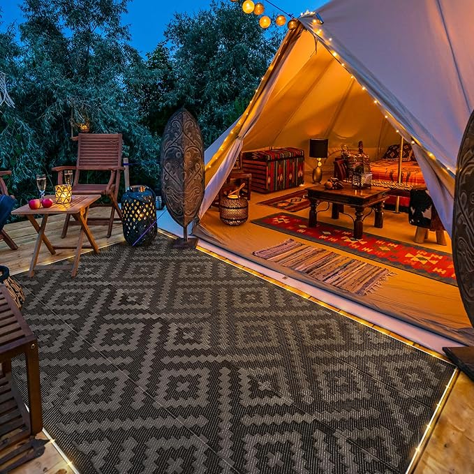 GENIMO Outdoor Rug with LED Strip Lights, Reversible Plastic Straw Rugs - Image 4