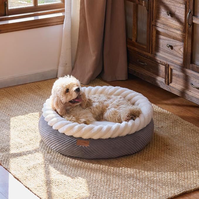 FUKUMARU Dog Bed, Calming Donut Dog Beds, Plush Faux Fur&Corduroy Cat Beds - Image 8