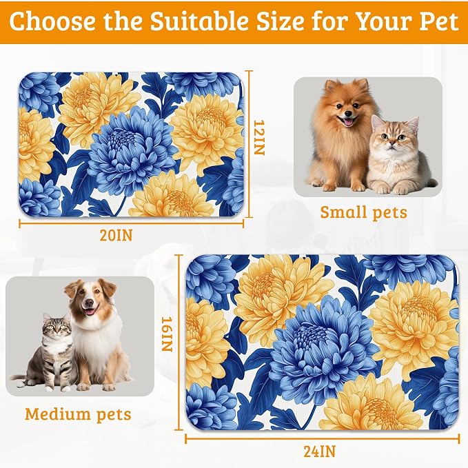 Blue Yellow Flowers Dog Food Mat, Absorbent Pet Feeding Mat - Image 6