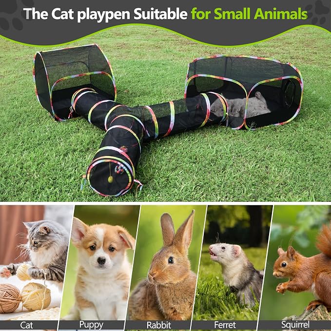 Outdoor Cat Enclosure with Cat Tunnel, Playhouse and Cat Toy Ball with Bell - Image 7