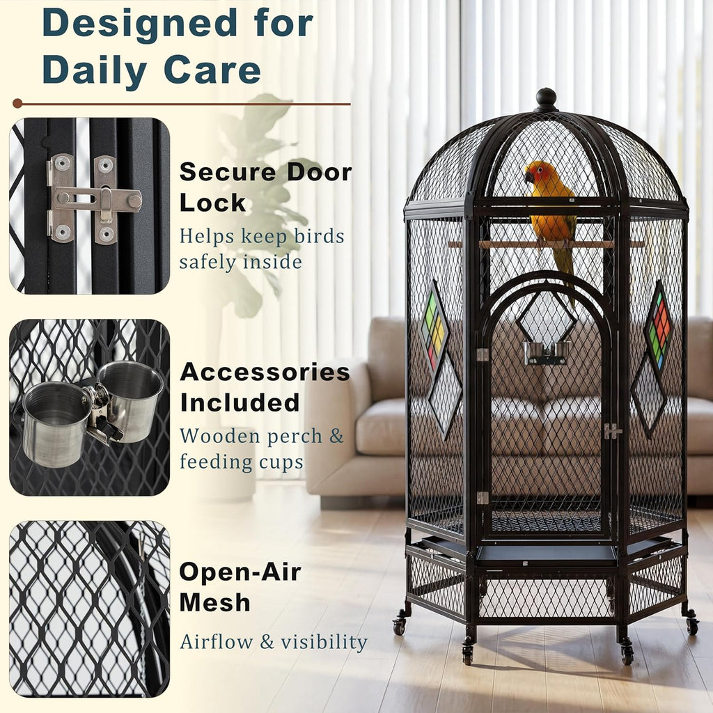 69 Inch Dome Top Bird Cage with Rolling Stand, Black - GlobalHabitat Supply