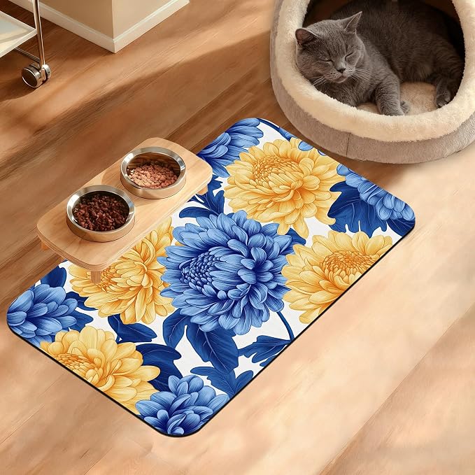 Blue Yellow Flowers Dog Food Mat, Absorbent Pet Feeding Mat by Unknown