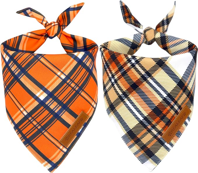 Realeaf Fall Dog Bandanas 2 Pack, Reversible Orange Plaid Holiday Pet Scarf by Realeaf