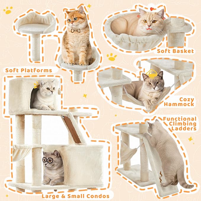 Yaheetech Cat Tree, 82.5in Large Tower w/Hammock, 2 Kitty-Ear Perches, 2 Cozy - Image 4
