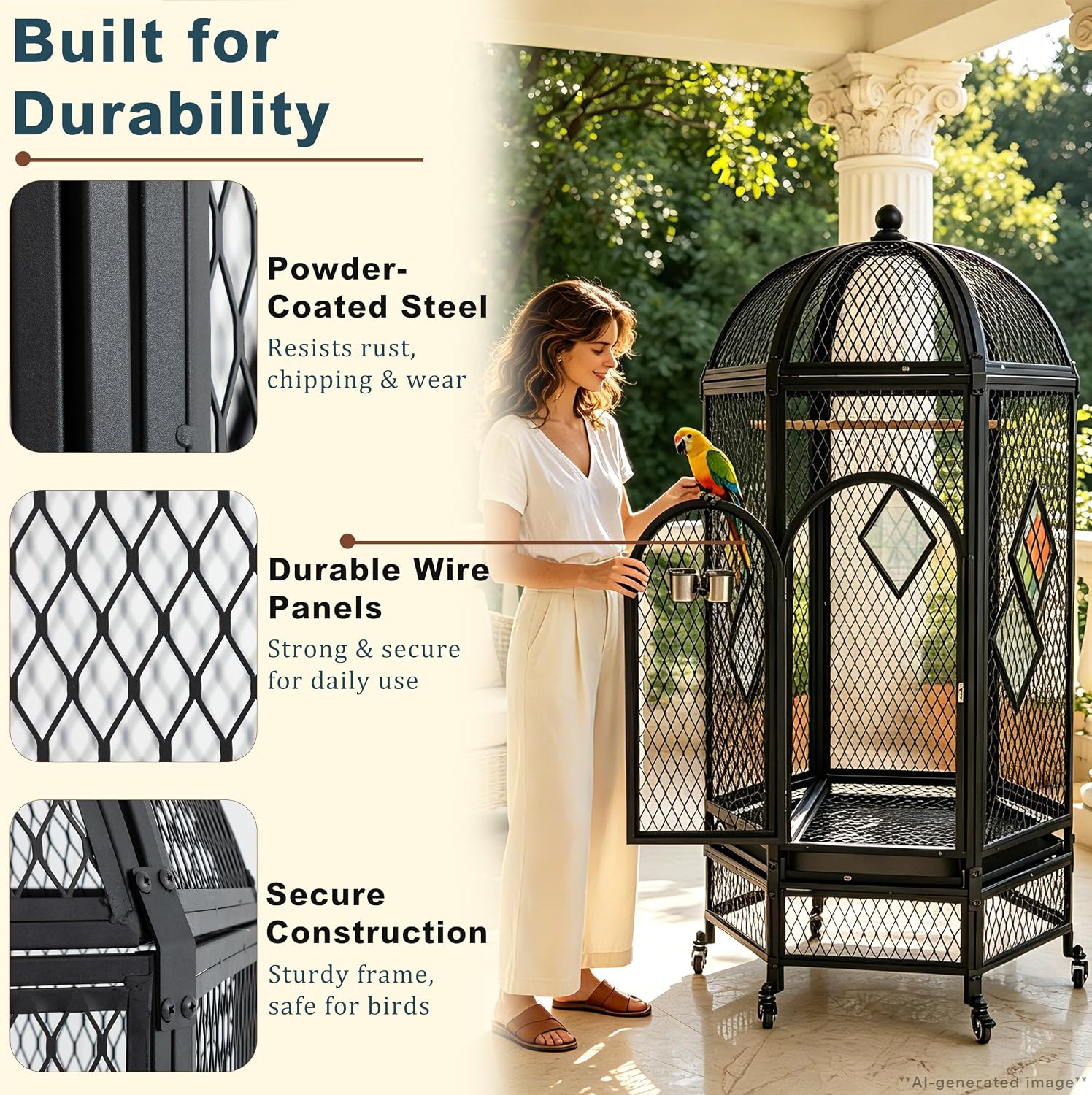 69 Inch Dome Top Bird Cage with Rolling Stand, Black - GlobalHabitat Supply