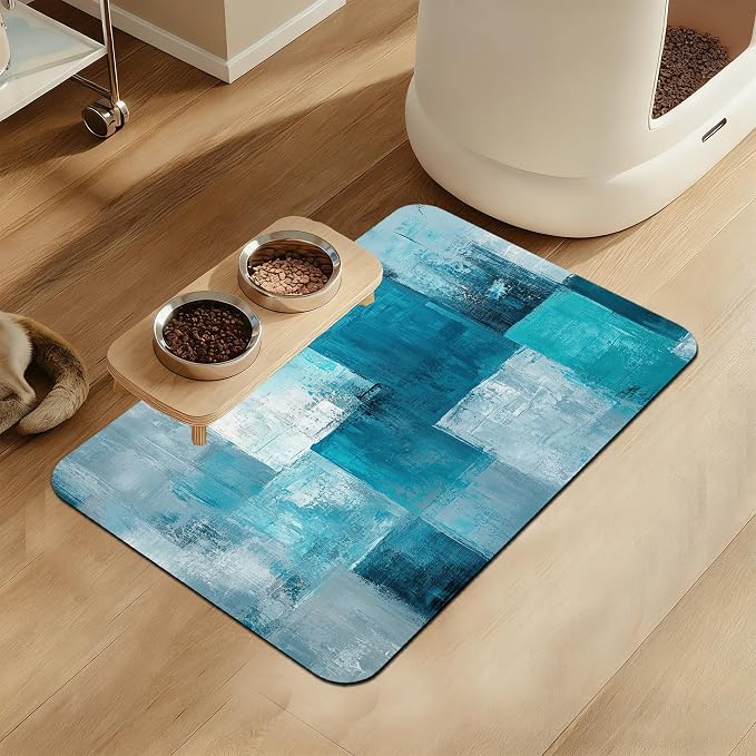 Blue Teal Dog Cat Food Mat–Christmas Stocking Absorbent Waterproof Placemat by LUTASER