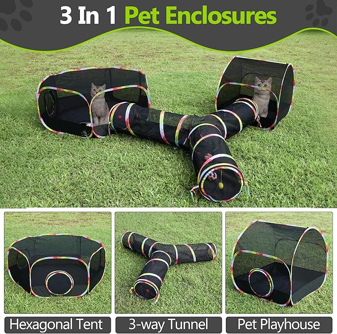 Outdoor Cat Enclosure with Cat Tunnel, Playhouse and Cat Toy Ball with Bell - Image 3