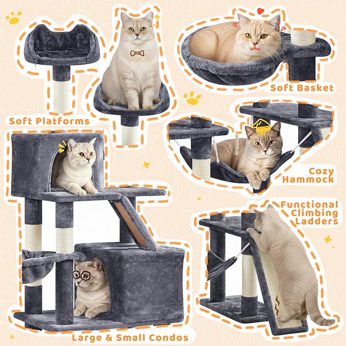 Yaheetech Cat Tree, 82.5in Large Tower w/Hammock, 2 Kitty-Ear Perches, 2 Cozy - Image 4