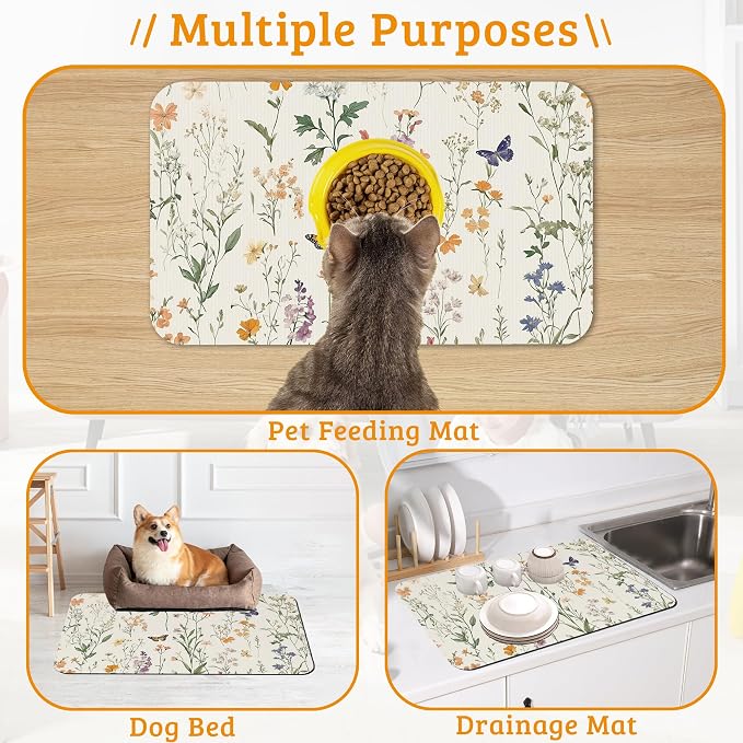 Wildflowers Butterfly Dog Cat Food Mat, Plants Absorbent Waterproof Placemat - Image 7