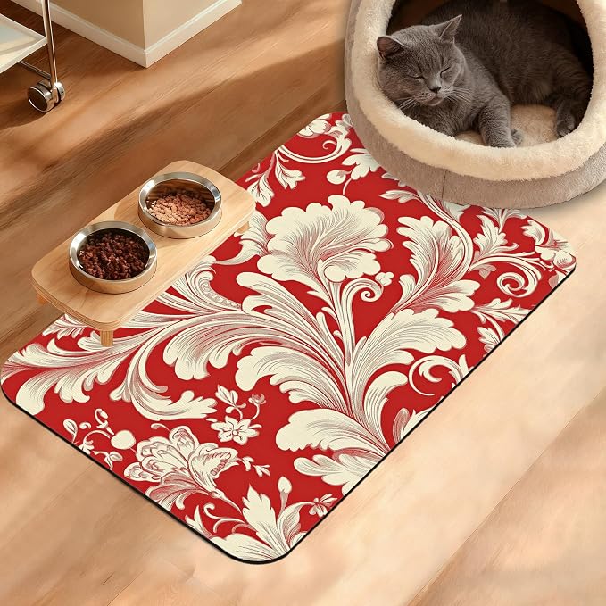 Red White Flower Feeding Mat, Paisley Absorbent Quick-Dry Cat Dog Food and by Unknown