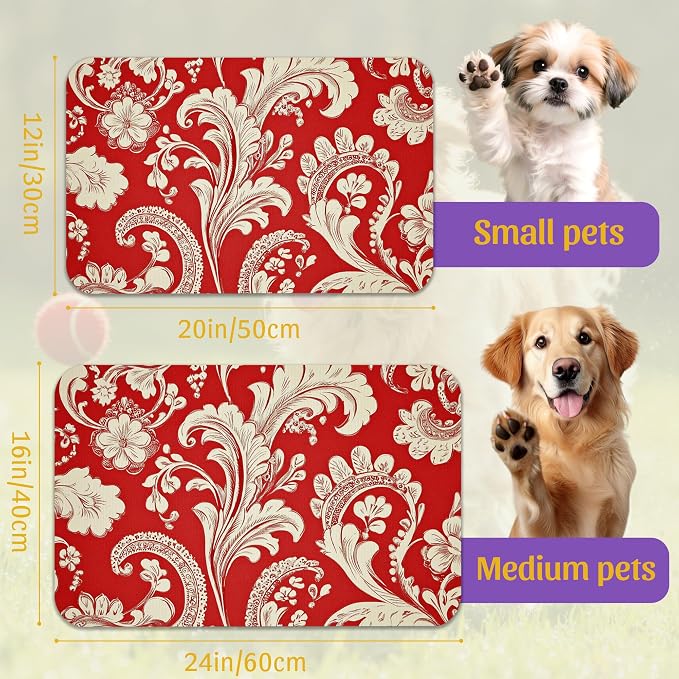 Red White Paisley Pet Food Mat, Absorbent Feeding Pad - Image 2