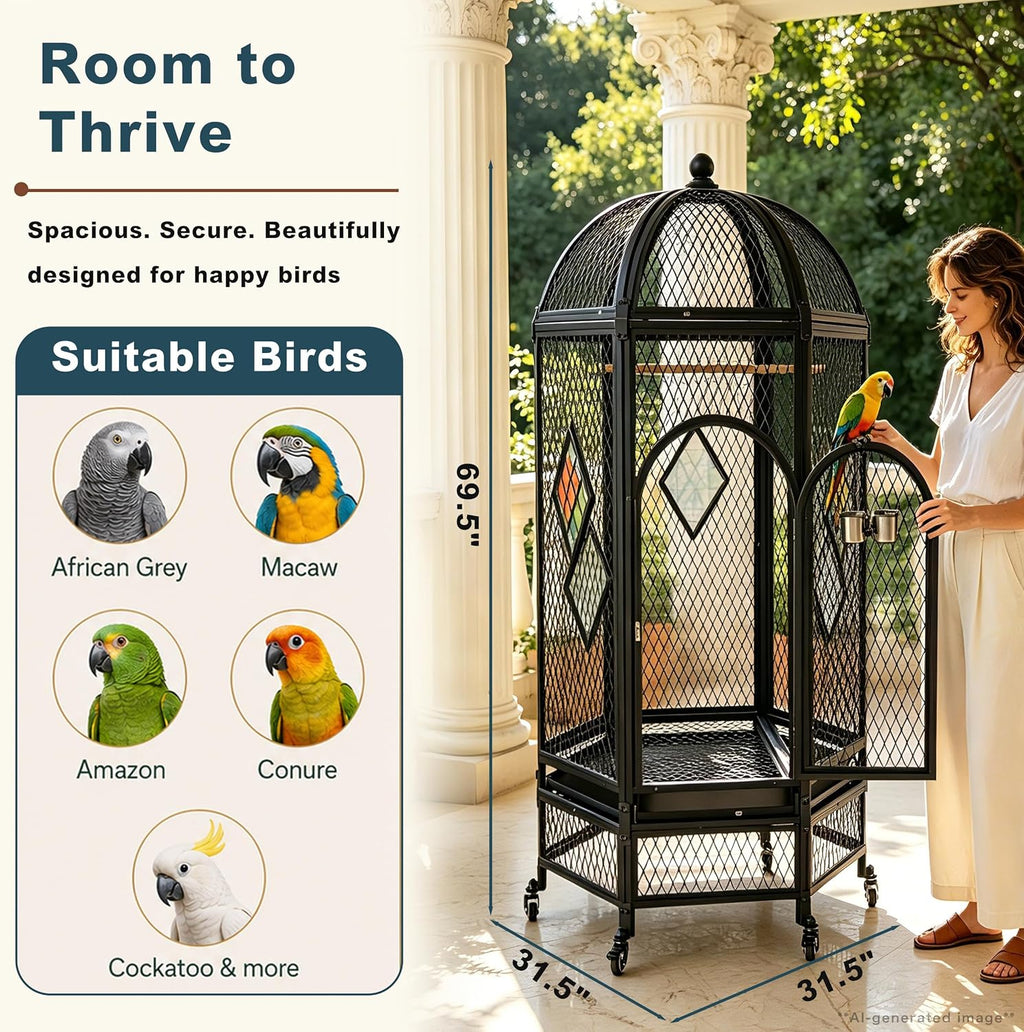 69 Inch Dome Top Bird Cage with Rolling Stand, Black - GlobalHabitat Supply