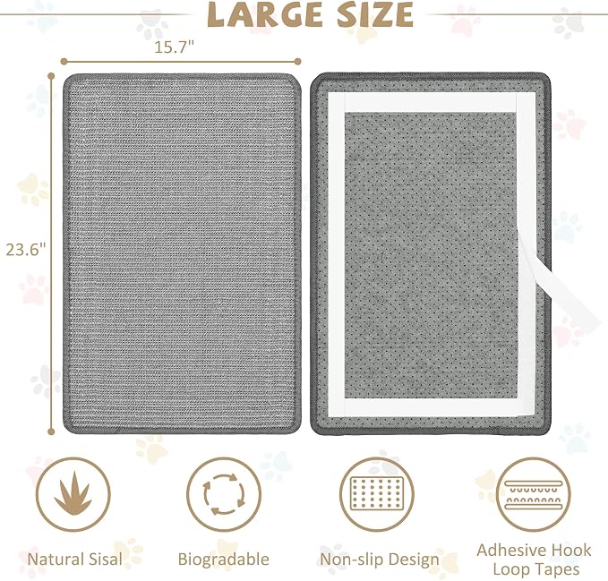 Gray Cat Scratching Mat Sisal, 2 Packs Sisal Fabric Large Cat Scratching Pad - Image 2