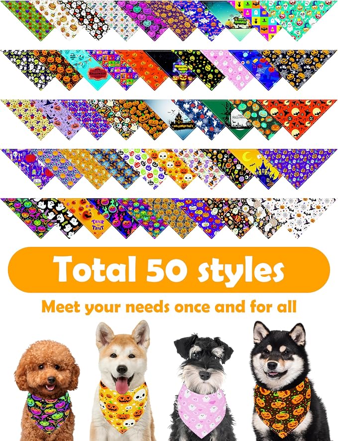 PET SHOW 50 Pack Halloween Big Dog Bandanas Bulk XL Washable Triangle Bibs - Image 3