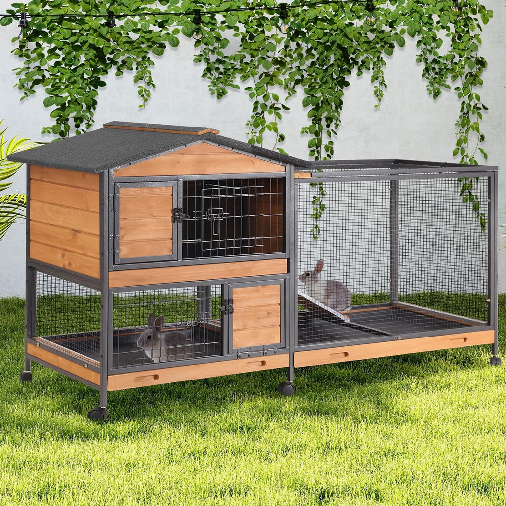 GUTINNEEN 2-Story Rabbit Hutch, 62" with 6 Locking Casters - GlobalHabitat Supply