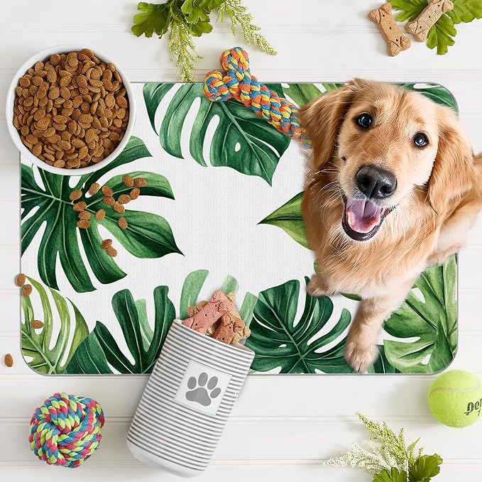 Palm Leaf Pet Feeding Mat, Boho Absorbent Quick-Dry Cat Dog Food and Water Bowl - Image 7